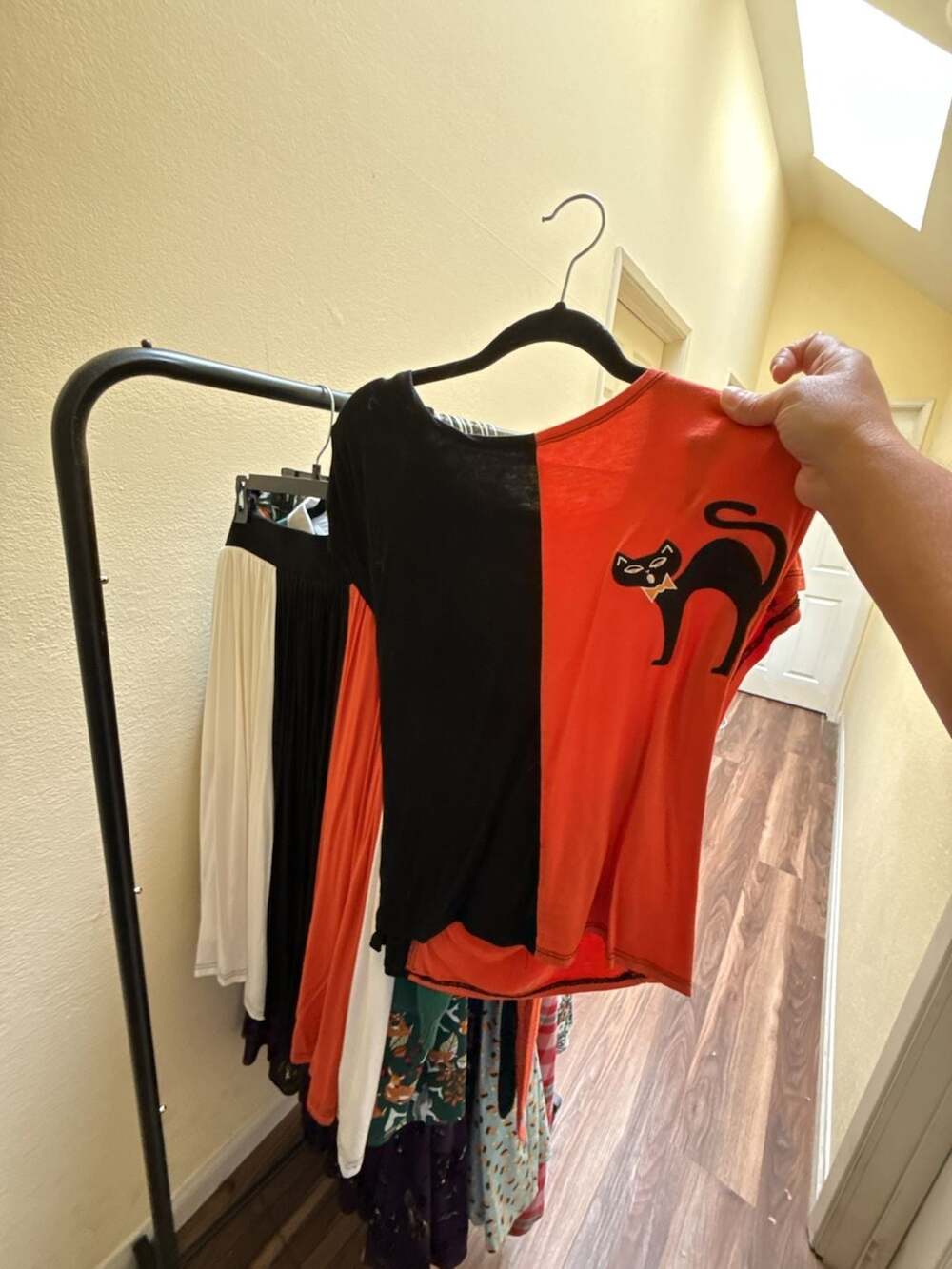 The Oblong Box Shop Black Cat Color Block Top and Matching Skirt Halloween Retro